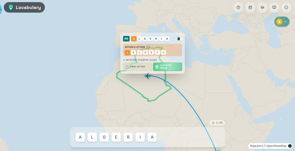 Map hop after a continent-informed guess on the Locabulary board