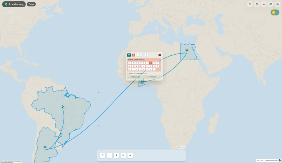 Mid-play Locabulary board: a chain of guessed countries (Brazil, Argentina, Egypt, Ghana) joined by flight lines on the map, with Ghana marked over 6 letters away